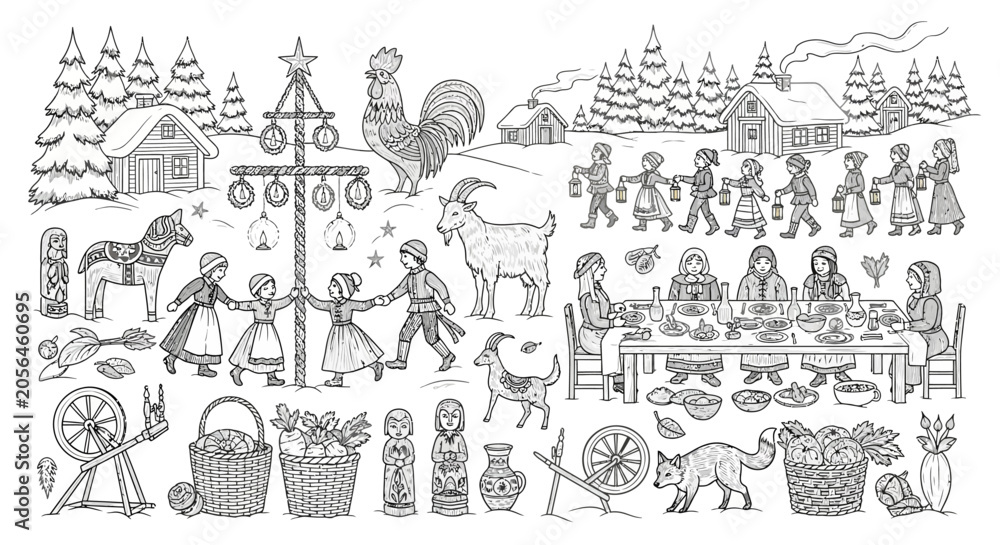 Obraz premium Scandinavian folklore festival with maypole and traditional characters illustration.