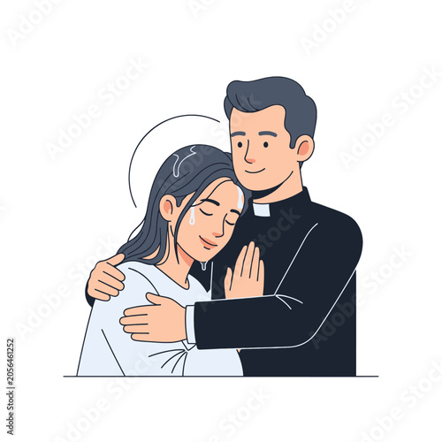 Fotografie A man in clerical clothing comforts a woman who is crying in a warm embrace