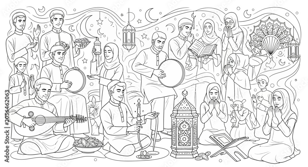 Fototapeta premium Muslim family celebrating Ramadan with music and prayer line art.