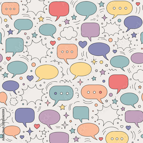 Premium Vector Seamless Textile Pattern Featuring Hand Drawn Colorful Speech Bubbles and Decorative Elements for Modern Graphic Design