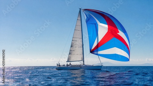 spinnaker. Sailboat with colorful spinnaker on a vast blue ocean under clear sky. mobility guides, transit brochures, designed for mobility and urban transit guides, supports logistics messaging.