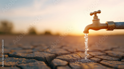 Leaking outdoor tap on dry cracked ground at sunset, water waste and drought scene
