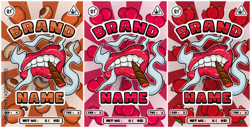 Set of Cartoon Smoking Mouth with Peach, Cranberry, Pomegranate Strains and Smoke