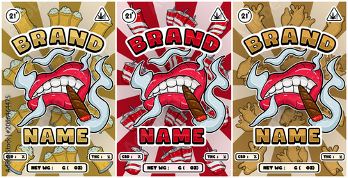 Set of Cartoon Smoking Mouth with Root Beer, Cola, Ginger Strains and Smoke