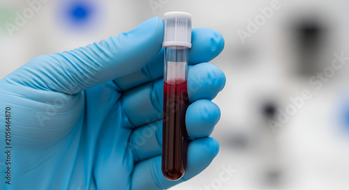 Hand in blue glove holding blood sample vial for medical lab testing