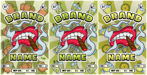 Set of Cartoon Smoking Mouth with Matcha, Mojito, Margarita Strains and Smoke