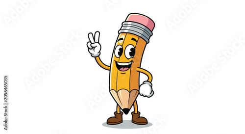 Friendly cartoon pencil character with a smiling face and eraser head waves hello in a cheerful mascot illustration.