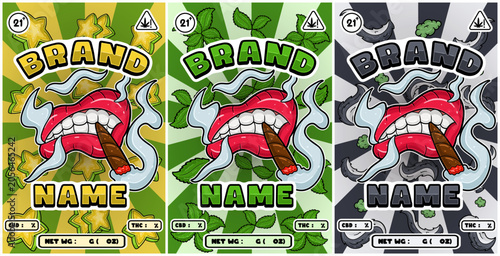 Set of Cartoon Smoking Mouth with Star Fruit, Mint, Skunk Strains and Smoke