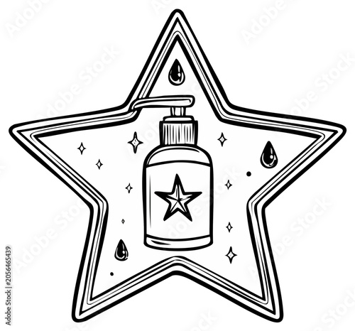 Hand sanitizer bottle with star label and drops inside a star outline, sketch style