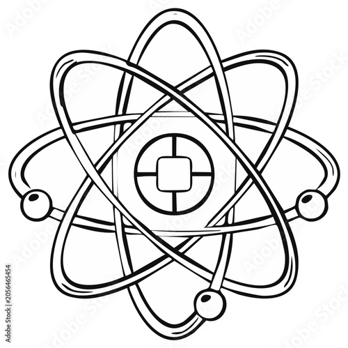 Abstract illustration of an atom with orbital paths and central square element, in black and white.