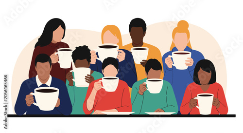 Diverse group of people in colorful clothing gathered together while holding and drinking large mugs of hot coffee or tea.