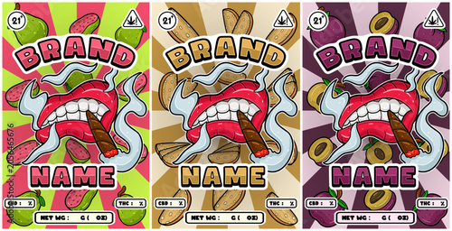 Set of Cartoon Smoking Mouth with Guava, Biscotti, Plum Strains and Smoke
