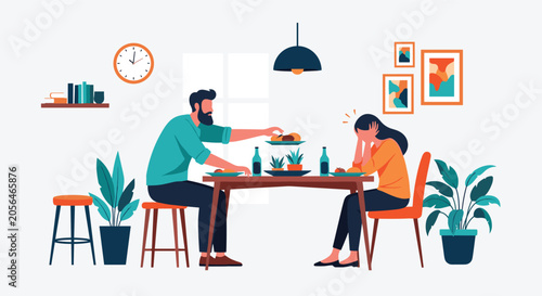 Stressed woman experiencing headache or anxiety while dining with her partner at home in a cozy kitchen setting.