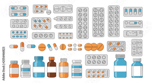 Large comprehensive collection of various medicine pills in blister packs, capsules, and syrup bottles vector illustration.