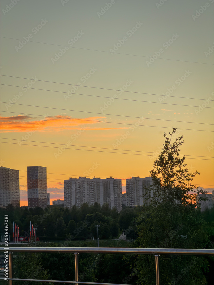 Naklejka premium Sunset view over buildings with a bright sky and trees in the foreground