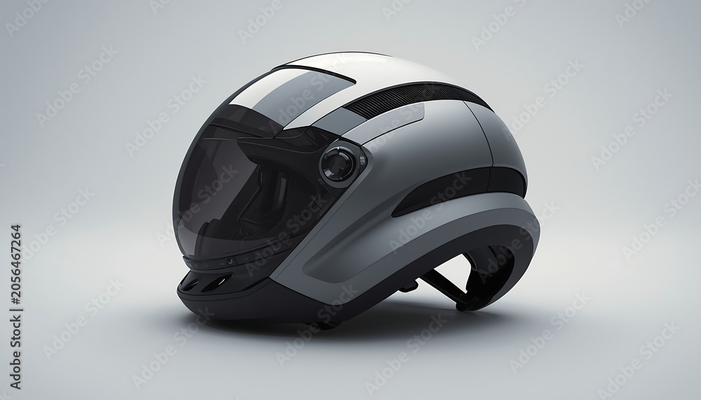 Fototapeta premium Motorcycle helmet with a dark visor and aerodynamic shell sits on a clean white background, providing a clear studio shot that emphasizes its protective design and sleek, modern safety features.