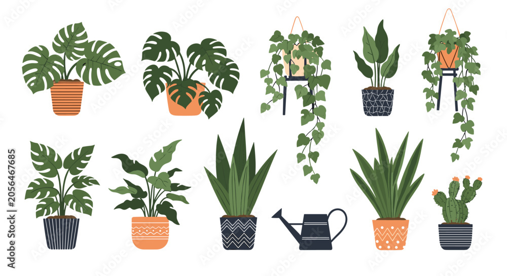 Fototapeta premium Collection of potted houseplants including monstera, snake plant, ivy, and a cactus next to a watering can.