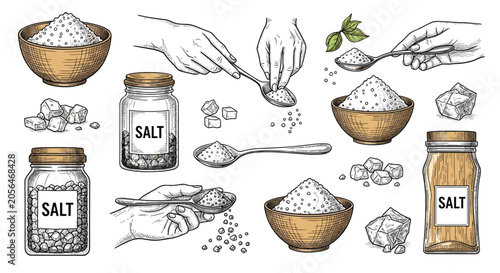 Collection of detailed engraving style illustrations depicting kitchen salt in bowls, jars, spoons, and hand sprinkling crystals.