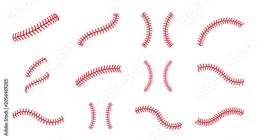 Set of red baseball stitches and laces in various shapes, perfect for sports designs, team logos, and creative ball graphics.