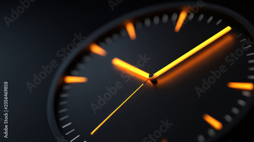 Ticking clock blurred light dark face glowing hand close view wall clock timepiece orange light black background analog clock