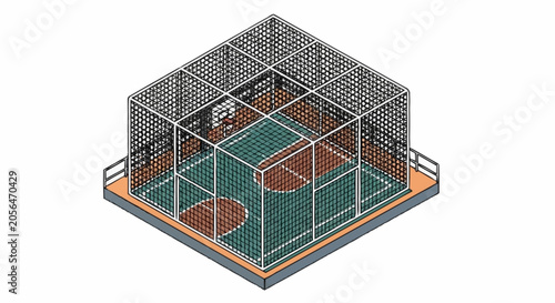 Billede på lærred Isometric view of a basketball court enclosed within a cage, symbolizing restriction or a unique sports environment
