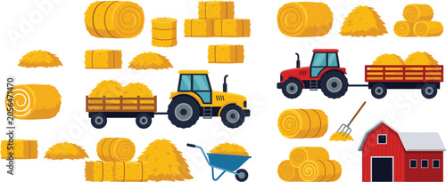 Bild auf Leinwand Agricultural farming vector set featuring yellow and red tractors with trailers hay bales round straw stacks red barn pitchfork and wheelbarrow elements isolated on white background
