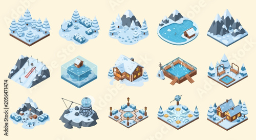 Obraz na plátně Collection of isometric winter scenes and elements, including snowy landscapes, cabins, and recreational activities