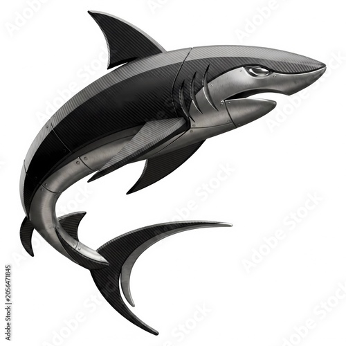 Futuristic robotic shark with brushed metal steel plating and carbon fiber body panels, mechanical cyber predator character on white background