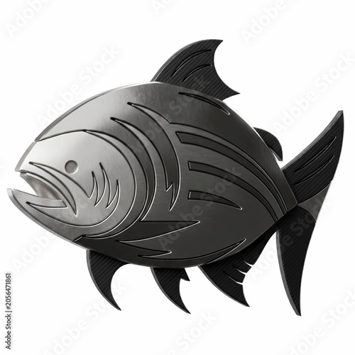 Futuristic metallic tuna fish sculpture made of brushed steel and carbon fiber, modern mechanical marine animal logo on white background