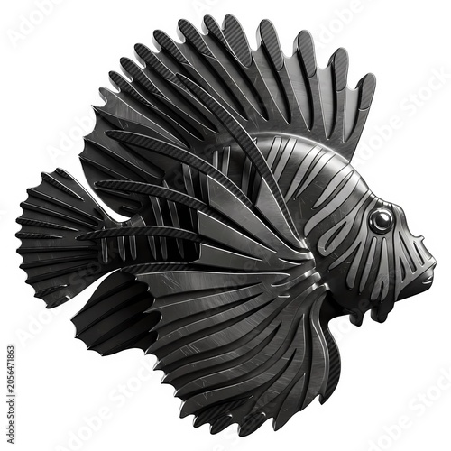 Futuristic lionfish sculpture made of brushed dark metal and carbon fiber texture, modern mechanical marine animal logo on white background