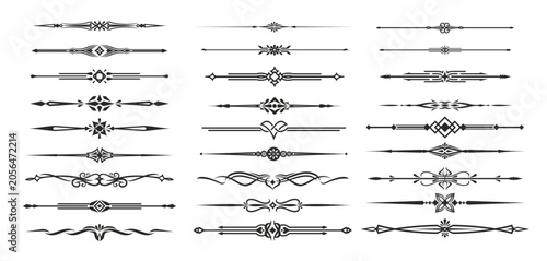 Vintage decorative ornament dividers or border frames. Vintage vector separator decorations with elegant swirls, flowers and geometric patterns. Floral center, abstract flourish dividers embellish set