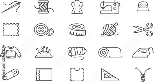 Foto Sewing and Tailoring Line Icon Set with Needle Thread Sewing Machine Scissors an