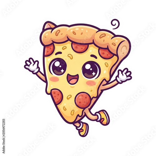 Happy Pepperoni Pizza Slice Character Jumping With Joy Fast Sticker Illustration