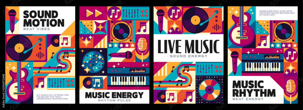 Fototapeta premium Music and sound party flyers and posters with with geometric mosaic pattern, retro instruments, vinyl records, microphones and keyboards, evoking rhythm, musical energy and live performance vibes