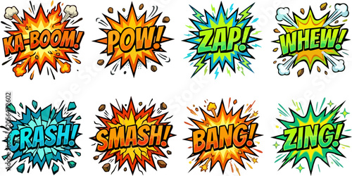 Tableau sur toile Set of Comic Book Explosion Effects - Ka-Boom, Pow, Zap, Whew, Crash, Smash, Ban