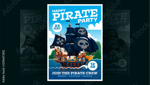 Foto Kids pirate party flyer with funny cartoon corsairs and sail ship