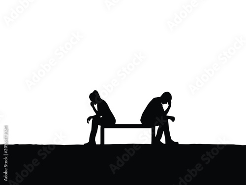 Canvastavla Sad Couple Sitting Apart on Bench Silhouette Vector Illustration Relationship Co