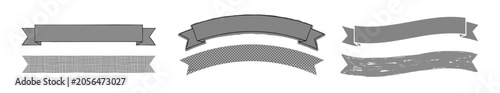 Set of gray ribbon banners in straight and curved shapes with clean and distressed styles, isolated on white. Useful for labels, headers, badges, and vintage design projects.
