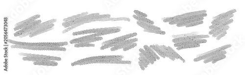 Set of black halftone brush strokes and grunge paint marks isolated on white ...