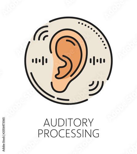 Kids auditory processing cognitive ability color line icon or label. Cognitive ability line vector icon, mental capability sign. Brain function improvement pictogram with human ear and sound waves