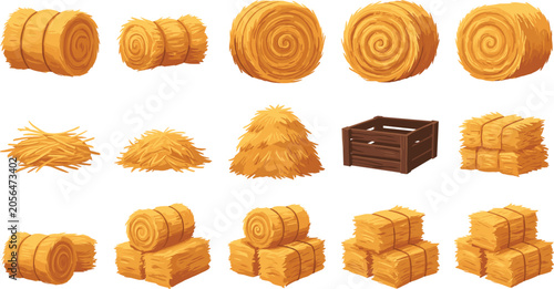 Obraz na plátně Hay bales and straw stacks vector set featuring round rolls, square bales, loose hayricks, and a wooden crate for agricultural and farming design elements