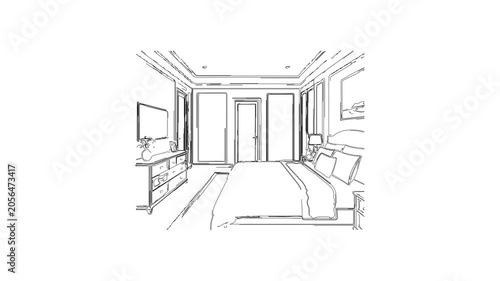 Modern bedroom interior sketch drawing animation