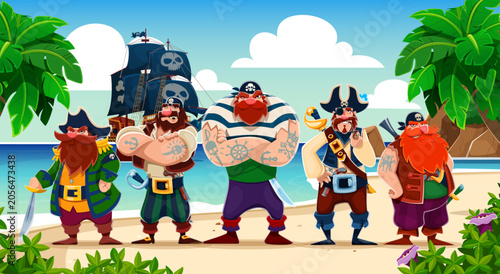 Bild auf Leinwand Cartoon pirate characters of captain, boatswain and skipper, gunner and sailor corsair characters on tropical beach with palm trees and galleon on the horizon