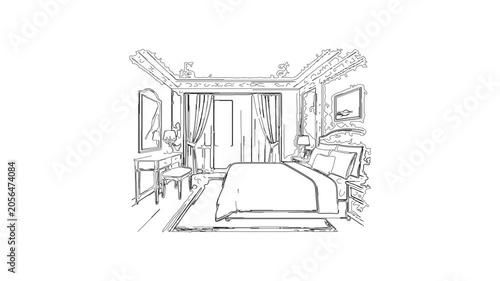 Bedroom interior sketch animation forming from lines
