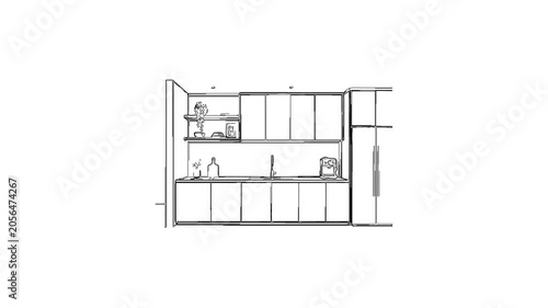 Kitchen interior design blueprint sketch drawing animation