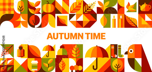Foto Autumn falling time seasonal banner with warm mosaic geometric color pattern background