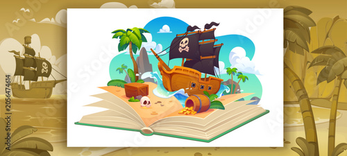 Opened fairytale book with pirate sail ship and tropical treasures island in Caribbean sea. Cartoon pirate adventure book with open pages, ship with Jolly roger flags and gold coins treasures chest