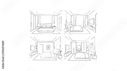 Four bedroom interior layout sketches appearing in animation