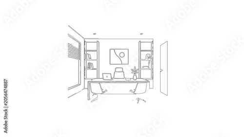 Home office interior line art drawing animation