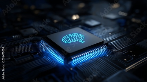 Advanced Computer Processor With Glowing Brain Symbol on Dark Electronic Circuit Board
